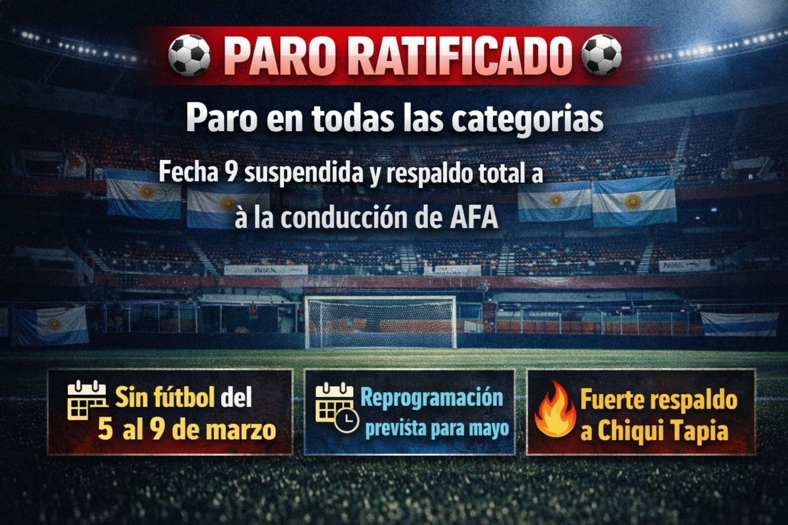 PARO RATIFICADO: FIN DE SEMANA SIN FÚTBOL EN ARGENTINA